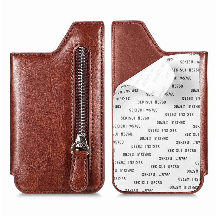 Phone Zipper Wallet Card Bag PU Leather Adhesive Kickstand Card Holder - Brown
