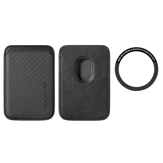 Magnetic Card Holder Carbon Fiber Texture PU Leather Phone Card Bag - Black