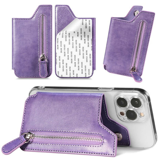 Retro Texture PU Leather Zipper Card Holder Bag Adhesive Kickstand Zipper Wallet - Purple