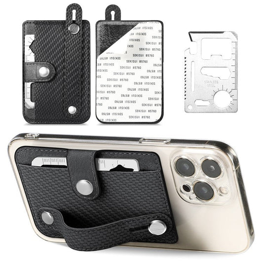 Carbon Fiber Phone Card Holder Wristband Kickstand Leather Card Bag with Card Knife - Black