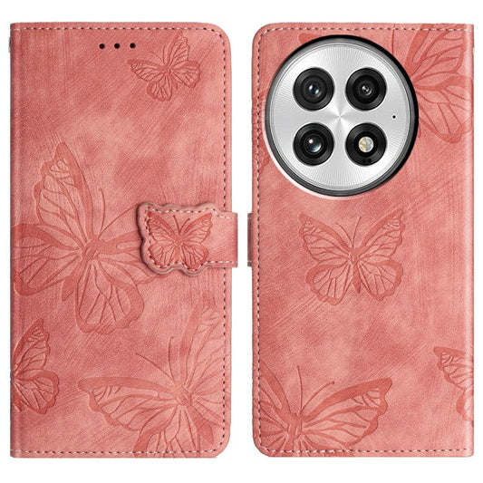 For OnePlus 13 Case Butterfly Design Flip Wallet Leather Phone Cover Skin-Touch - Pink