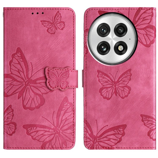 For OnePlus 13 Case Butterfly Design Flip Wallet Leather Phone Cover Skin-Touch - Rose