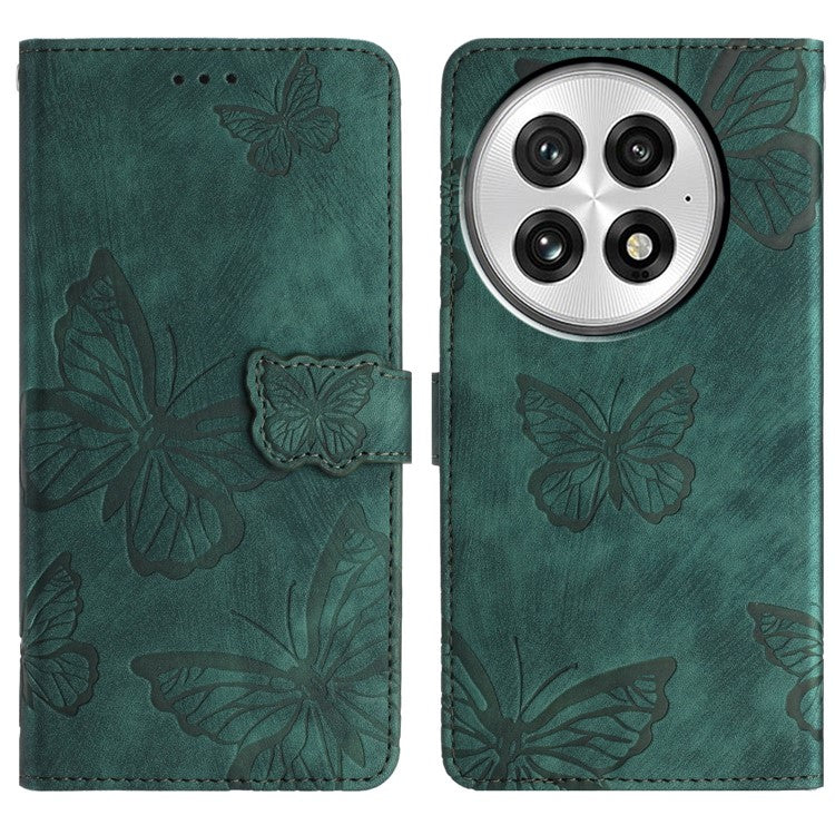 For OnePlus 13 Case Butterfly Design Flip Wallet Leather Phone Cover Skin-Touch - Green