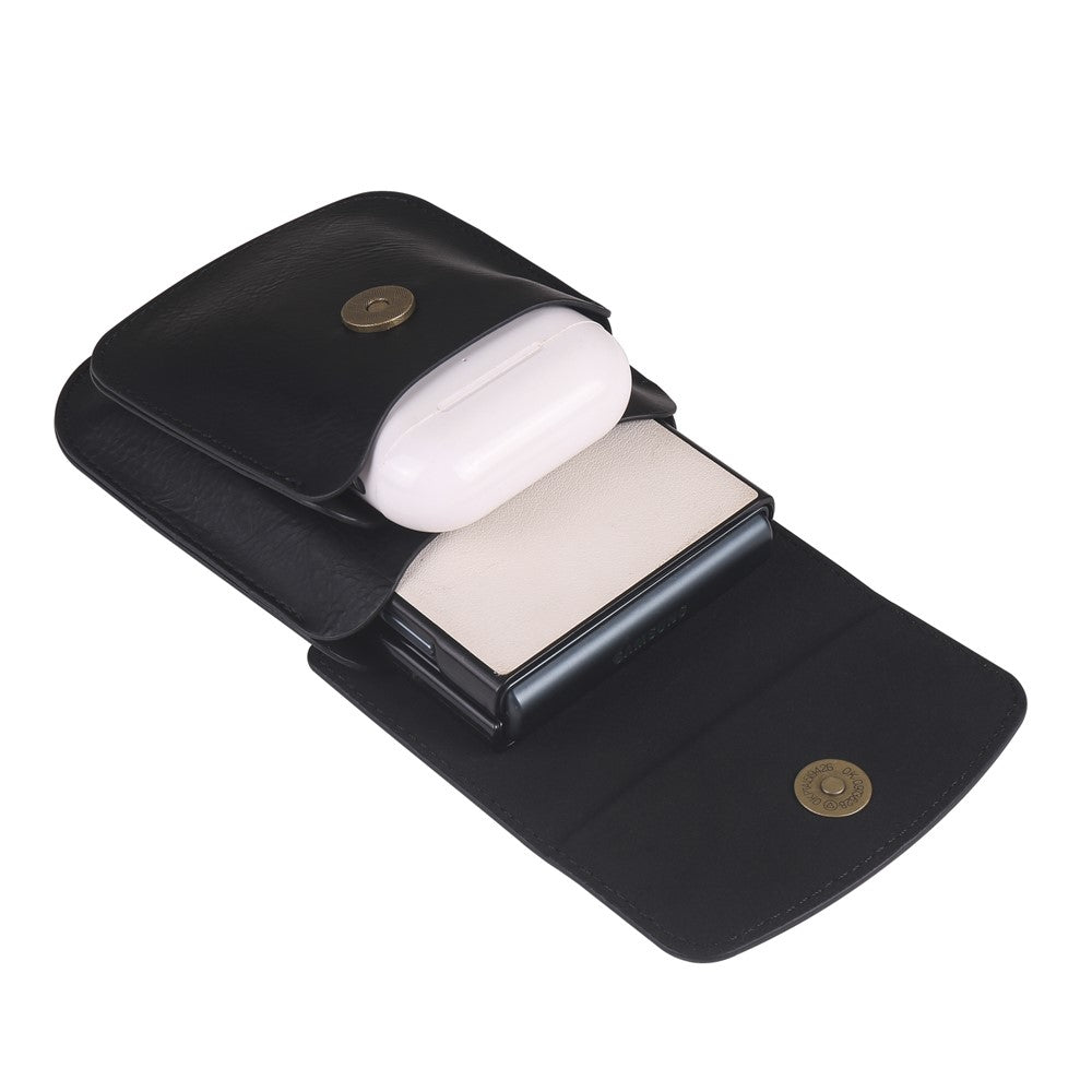 Foldable Waist Bag for Samsung Galaxy Z Flip7 FE 5G / Z Flip6 5G / AirPods 4 , Dual Compartment Compact Belt Pouch Phone Earbuds Holder - Black