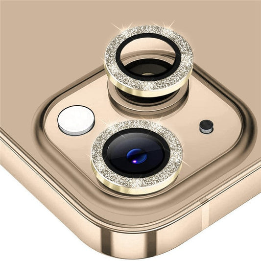 ENKAY HAT PRINCE Camera Lens Film for iPhone 14 6.1 inch / 14 Plus, 1 Set Glitter Decor Tempered Glass Aluminum Alloy Lens Protector - Gold