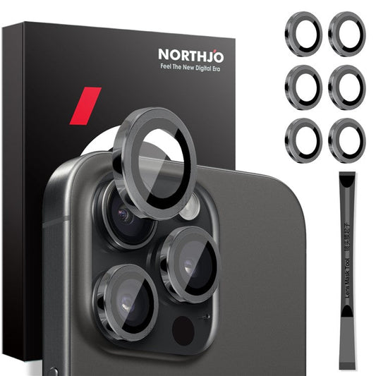 NORTHJO 2 Sets for iPhone 14 Pro / 14 Pro Max / 15 Pro / 15 Pro Max Tempered Glass Lens Protector CD Veins Metal Ring Lens Guard - Black