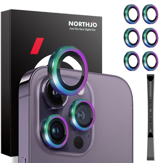 NORTHJO 2 Sets for iPhone 14 Pro / 14 Pro Max / 15 Pro / 15 Pro Max Tempered Glass Lens Protector CD Veins Metal Ring Lens Guard - Colorful