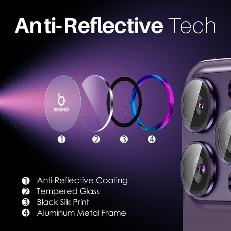 NORTHJO 2 Sets for iPhone 14 Pro / 14 Pro Max / 15 Pro / 15 Pro Max Tempered Glass Lens Protector CD Veins Metal Ring Lens Guard - Colorful