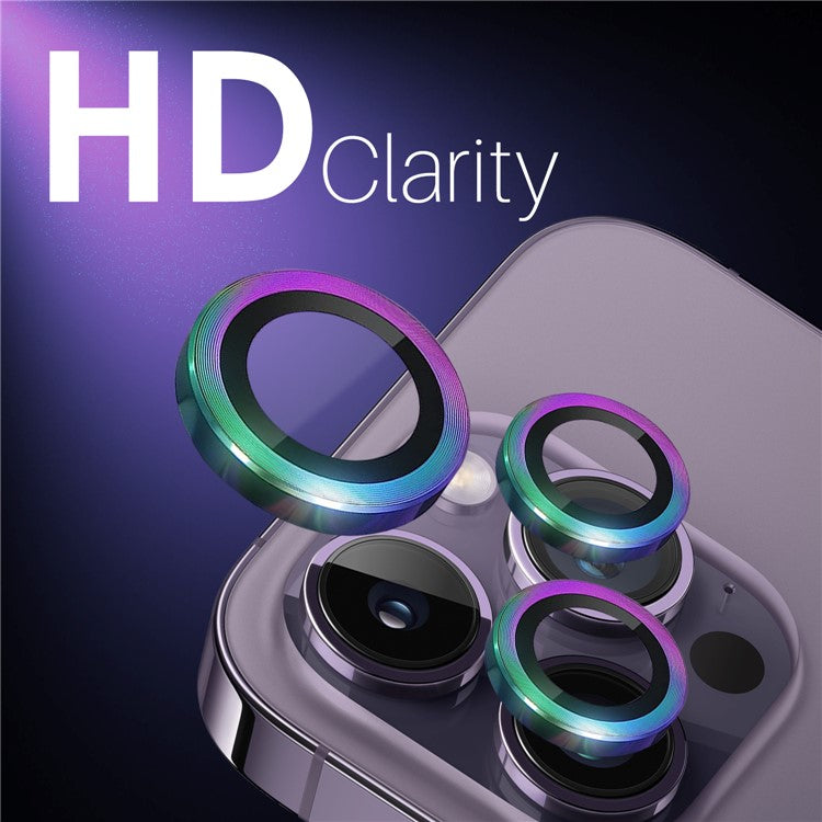 NORTHJO 2 Sets for iPhone 14 Pro / 14 Pro Max / 15 Pro / 15 Pro Max Tempered Glass Lens Protector CD Veins Metal Ring Lens Guard - Colorful