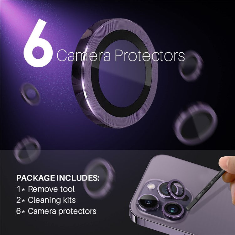 NORTHJO 2 Sets for iPhone 14 Pro / 14 Pro Max / 15 Pro / 15 Pro Max Tempered Glass Lens Protector CD Veins Metal Ring Lens Guard - Purple