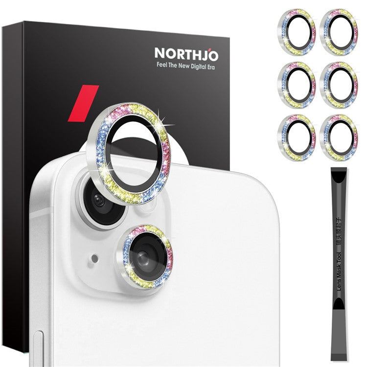 NORTHJO 3 Sets for iPhone 15 / 15 Plus / 14 / 14 Plus Lens Protector Glitter Metal Ring Tempered Glass Lens Film - Colorful