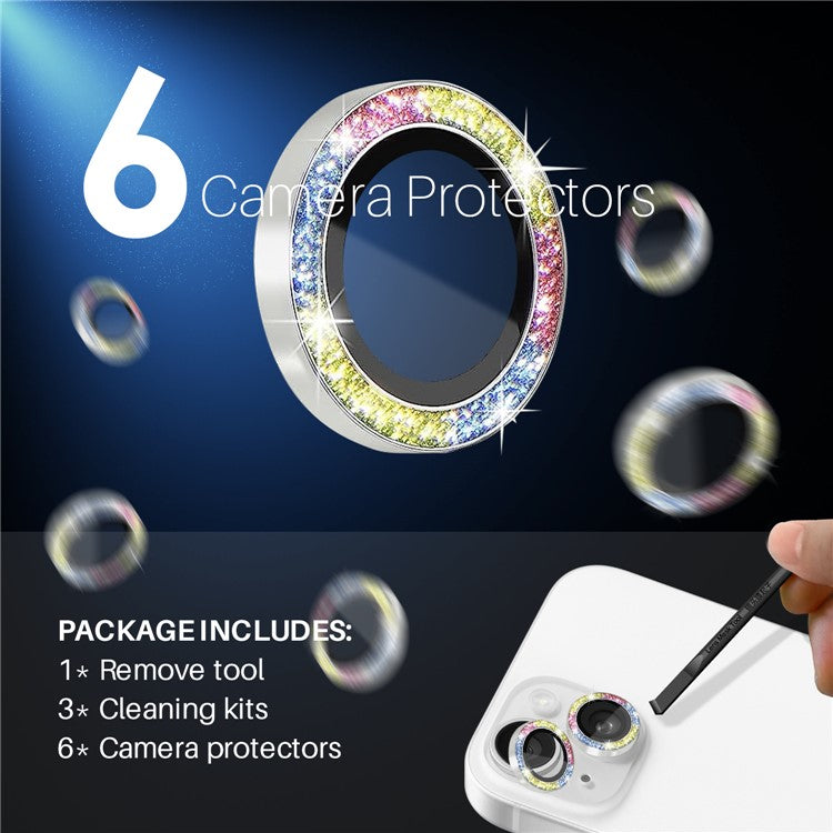 NORTHJO 3 Sets for iPhone 15 / 15 Plus / 14 / 14 Plus Lens Protector Glitter Metal Ring Tempered Glass Lens Film - Colorful