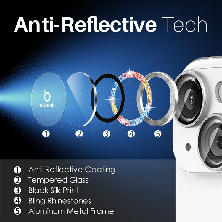 NORTHJO 3 Sets for iPhone 15 / 15 Plus / 14 / 14 Plus Lens Protector Glitter Metal Ring Tempered Glass Lens Film - Colorful