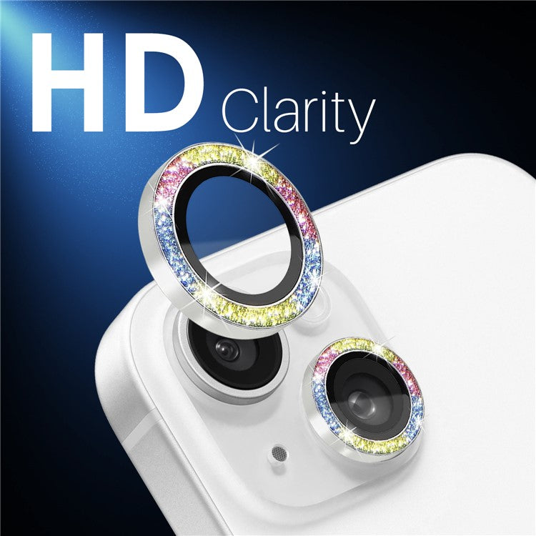 NORTHJO 3 Sets for iPhone 15 / 15 Plus / 14 / 14 Plus Lens Protector Glitter Metal Ring Tempered Glass Lens Film - Colorful