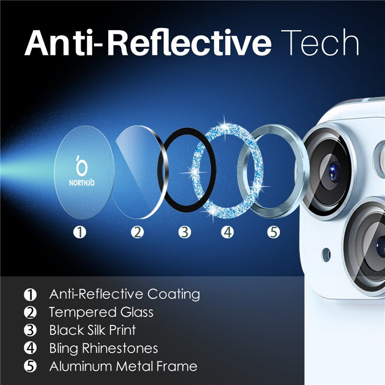 NORTHJO 3 Sets for iPhone 15 / 15 Plus / 14 / 14 Plus Lens Protector Glitter Metal Ring Tempered Glass Lens Film - Blue