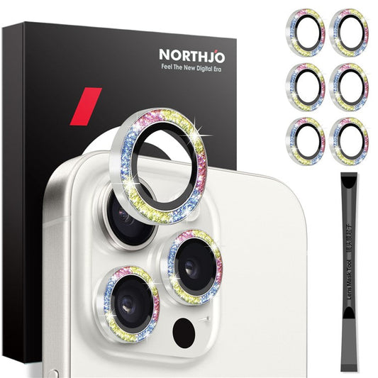 NORTHJO 2 Sets for iPhone 15 Pro / 15 Pro Max / 14 Pro / 14 Pro Max Lens Protector Glitter Ring Tempered Glass Lens Guard - Colorful