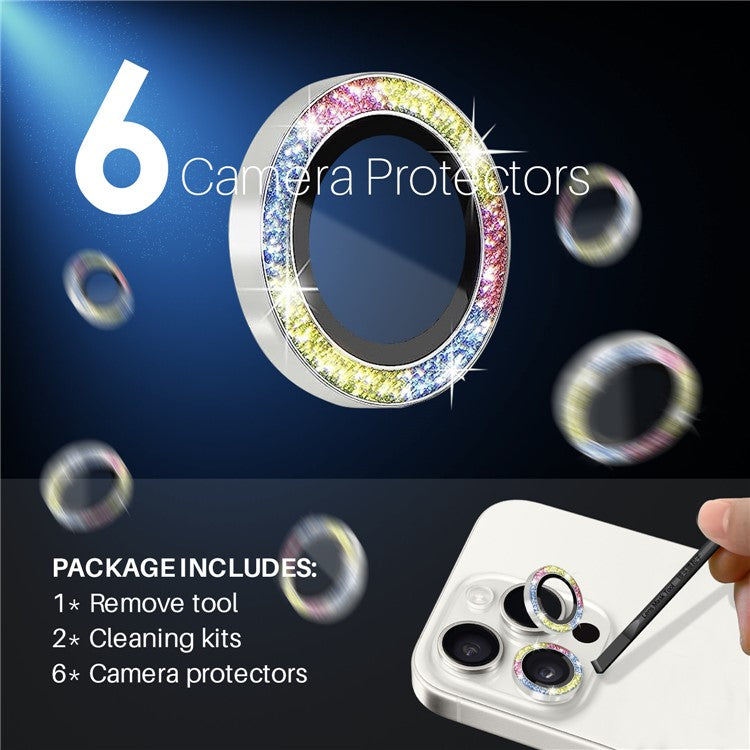 NORTHJO 2 Sets for iPhone 15 Pro / 15 Pro Max / 14 Pro / 14 Pro Max Lens Protector Glitter Ring Tempered Glass Lens Guard - Colorful