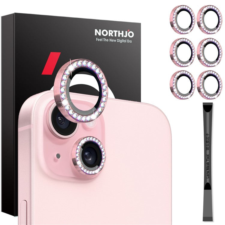 NORTHJO 3 Sets for iPhone 15 / 15 Plus / 14 / 14 Plus Lens Protector Rhinestone Decor Metal+Tempered Glass Lens Film - Pink