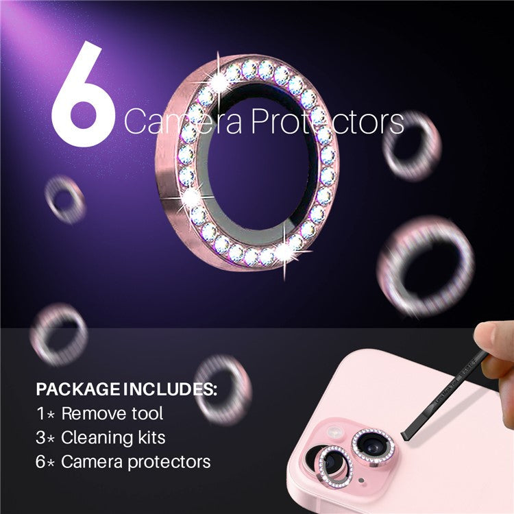 NORTHJO 3 Sets for iPhone 15 / 15 Plus / 14 / 14 Plus Lens Protector Rhinestone Decor Metal+Tempered Glass Lens Film - Pink