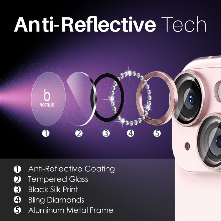 NORTHJO 3 Sets for iPhone 15 / 15 Plus / 14 / 14 Plus Lens Protector Rhinestone Decor Metal+Tempered Glass Lens Film - Pink