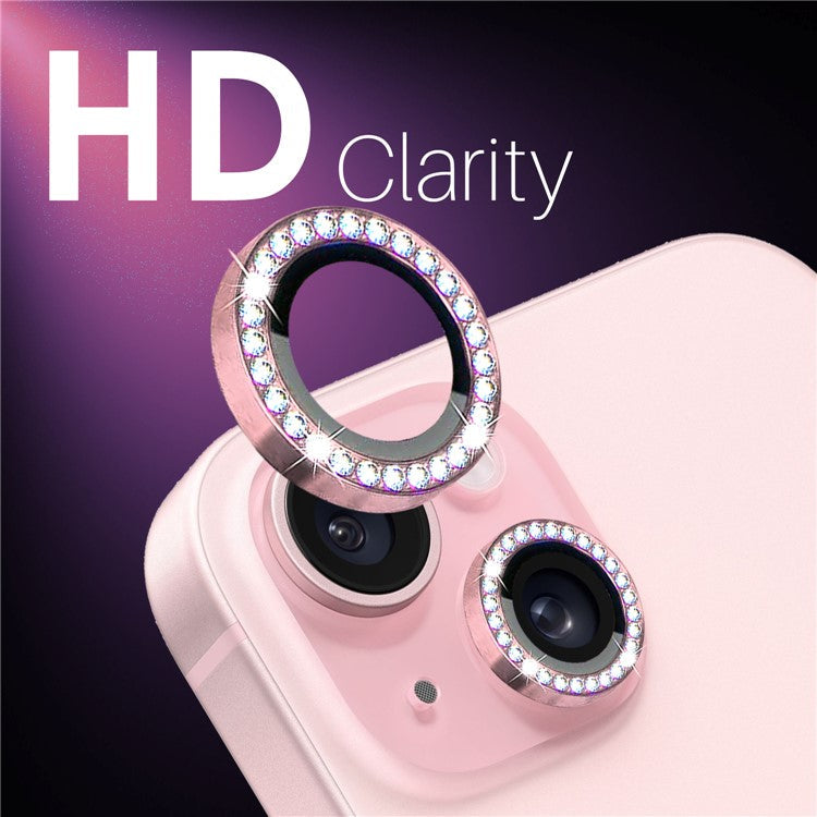 NORTHJO 3 Sets for iPhone 15 / 15 Plus / 14 / 14 Plus Lens Protector Rhinestone Decor Metal+Tempered Glass Lens Film - Pink