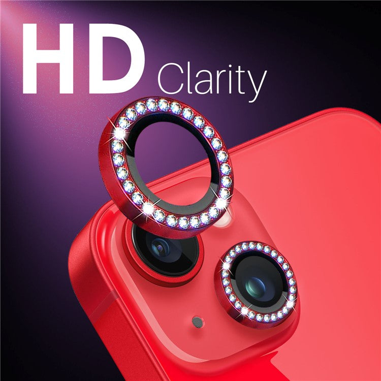 NORTHJO 3 Sets for iPhone 15 / 15 Plus / 14 / 14 Plus Lens Protector Rhinestone Decor Metal+Tempered Glass Lens Film - Red