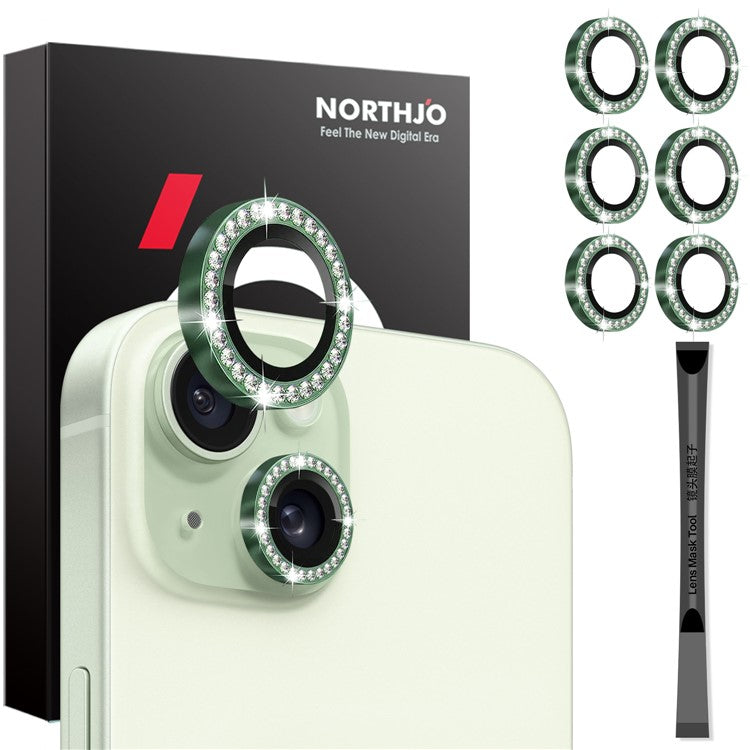 NORTHJO 3 Sets for iPhone 15 / 15 Plus / 14 / 14 Plus Lens Protector Rhinestone Decor Metal+Tempered Glass Lens Film - Green