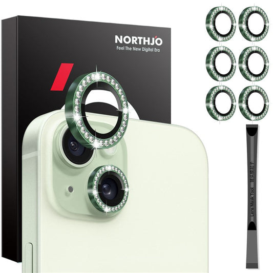 NORTHJO 3 Sets for iPhone 15 / 15 Plus / 14 / 14 Plus Lens Protector Rhinestone Decor Metal+Tempered Glass Lens Film - Green