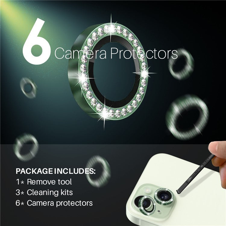 NORTHJO 3 Sets for iPhone 15 / 15 Plus / 14 / 14 Plus Lens Protector Rhinestone Decor Metal+Tempered Glass Lens Film - Green