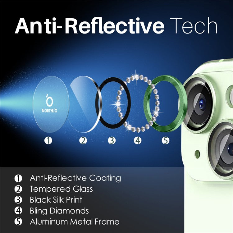 NORTHJO 3 Sets for iPhone 15 / 15 Plus / 14 / 14 Plus Lens Protector Rhinestone Decor Metal+Tempered Glass Lens Film - Green