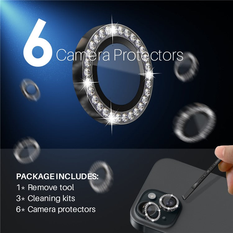 NORTHJO 3 Sets for iPhone 15 / 15 Plus / 14 / 14 Plus Lens Protector Rhinestone Decor Metal+Tempered Glass Lens Film - Graphite