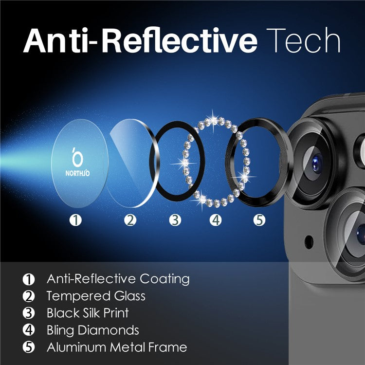 NORTHJO 3 Sets for iPhone 15 / 15 Plus / 14 / 14 Plus Lens Protector Rhinestone Decor Metal+Tempered Glass Lens Film - Graphite