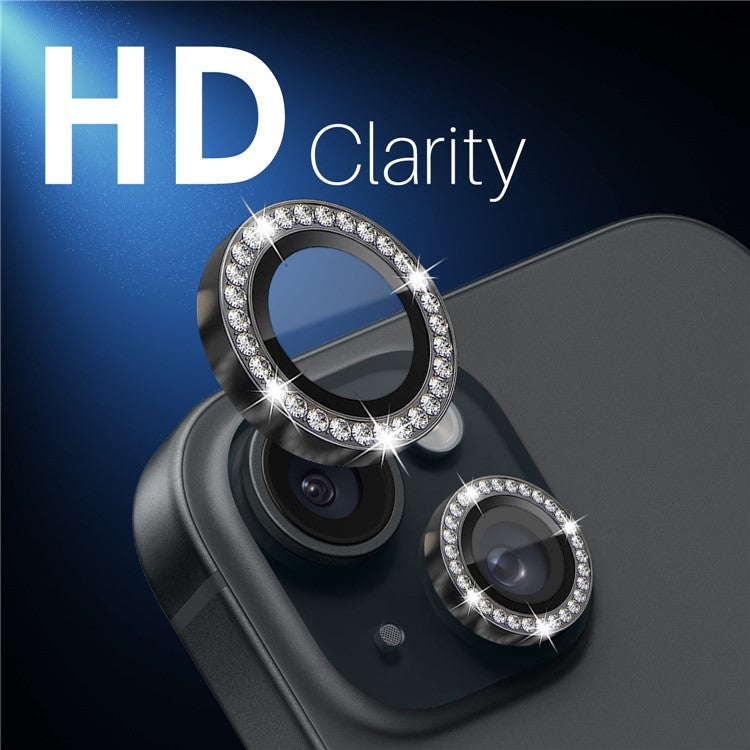NORTHJO 3 Sets for iPhone 15 / 15 Plus / 14 / 14 Plus Lens Protector Rhinestone Decor Metal+Tempered Glass Lens Film - Graphite