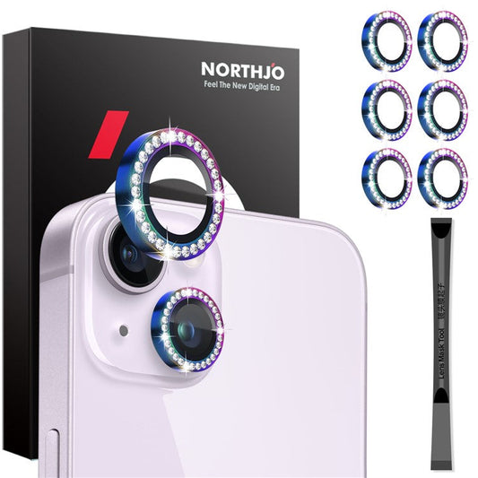 NORTHJO 3 Sets for iPhone 15 / 15 Plus / 14 / 14 Plus Lens Protector Rhinestone Decor Metal+Tempered Glass Lens Film - Colorful