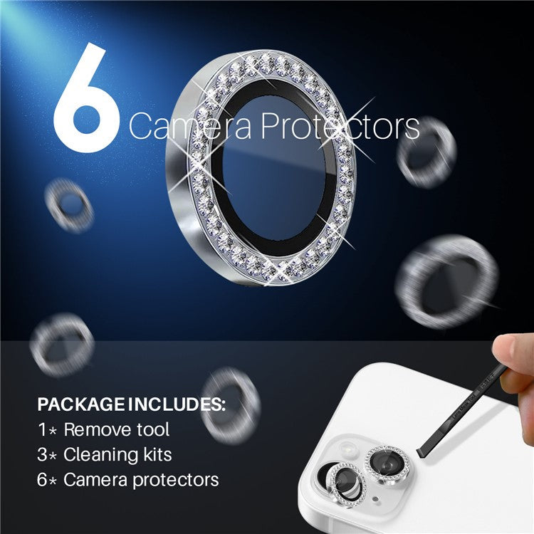 NORTHJO 3 Sets for iPhone 15 / 15 Plus / 14 / 14 Plus Lens Protector Rhinestone Decor Metal+Tempered Glass Lens Film - Silver