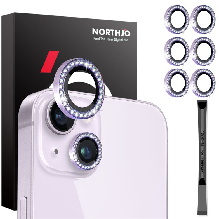 NORTHJO 3 Sets for iPhone 15 / 15 Plus / 14 / 14 Plus Lens Protector Rhinestone Decor Metal+Tempered Glass Lens Film - Purple