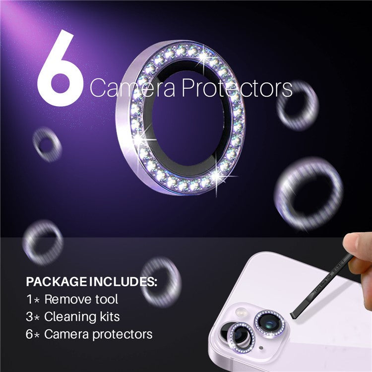 NORTHJO 3 Sets for iPhone 15 / 15 Plus / 14 / 14 Plus Lens Protector Rhinestone Decor Metal+Tempered Glass Lens Film - Purple