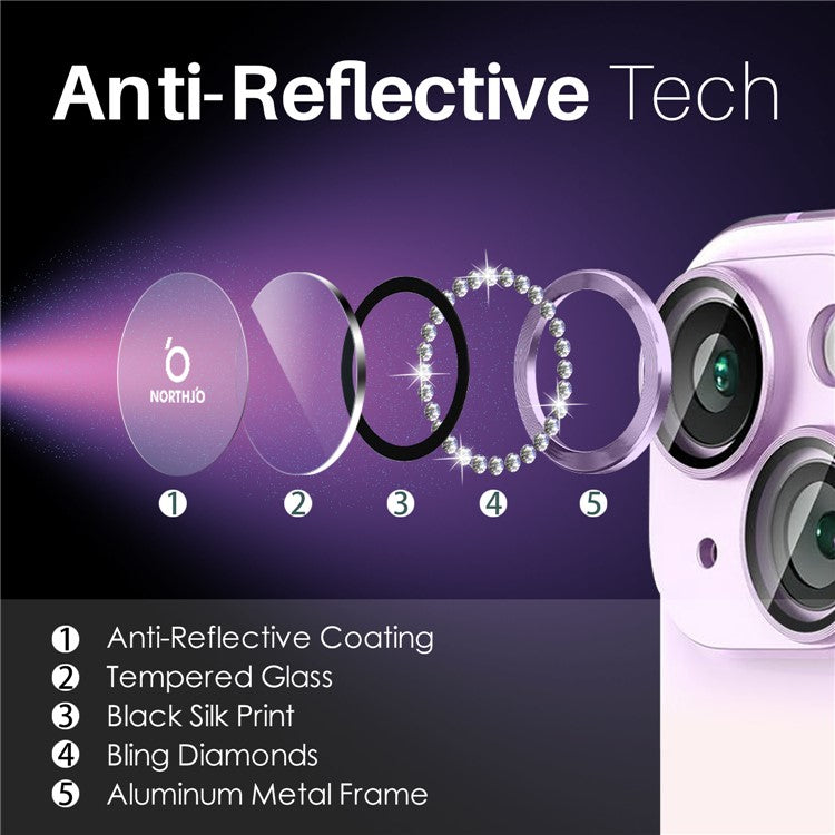 NORTHJO 3 Sets for iPhone 15 / 15 Plus / 14 / 14 Plus Lens Protector Rhinestone Decor Metal+Tempered Glass Lens Film - Purple