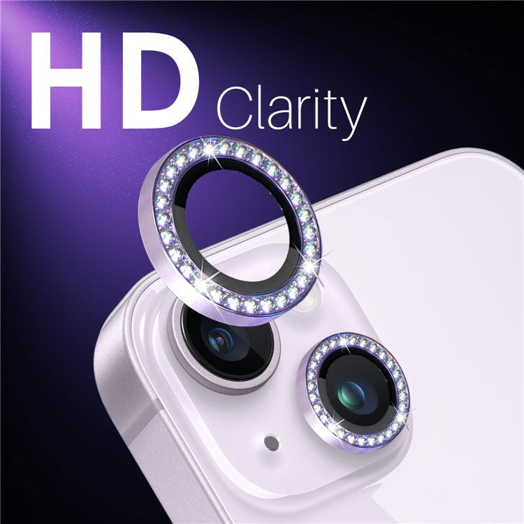 NORTHJO 3 Sets for iPhone 15 / 15 Plus / 14 / 14 Plus Lens Protector Rhinestone Decor Metal+Tempered Glass Lens Film - Purple