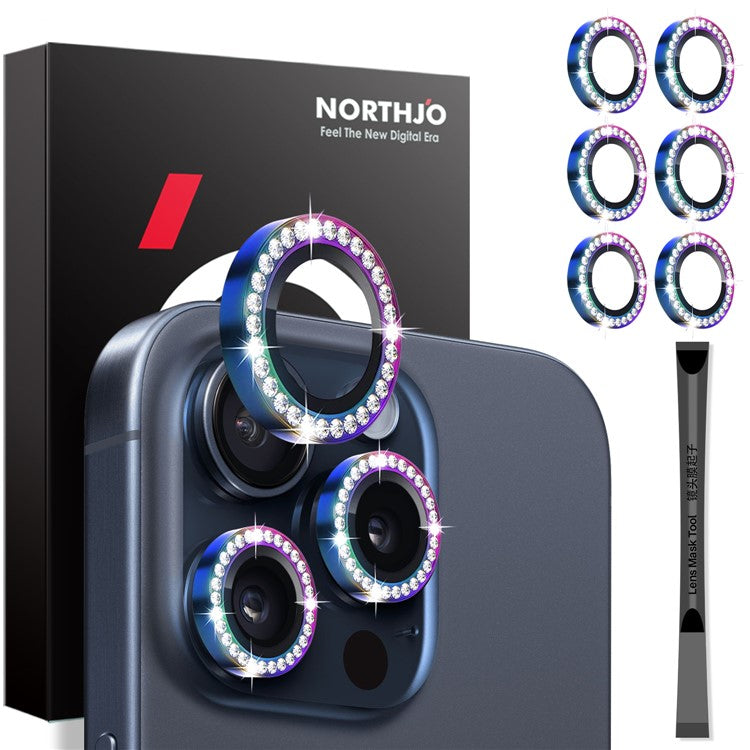 NORTHJO 2 Sets for iPhone 15 Pro / 15 Pro Max / 14 Pro / 14 Pro Max Lens Protector Rhinestone Ring Tempered Glass Lens Film - Colorful