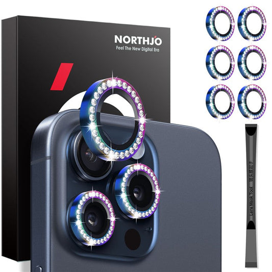 NORTHJO 2 Sets for iPhone 15 Pro / 15 Pro Max / 14 Pro / 14 Pro Max Lens Protector Rhinestone Ring Tempered Glass Lens Film - Colorful