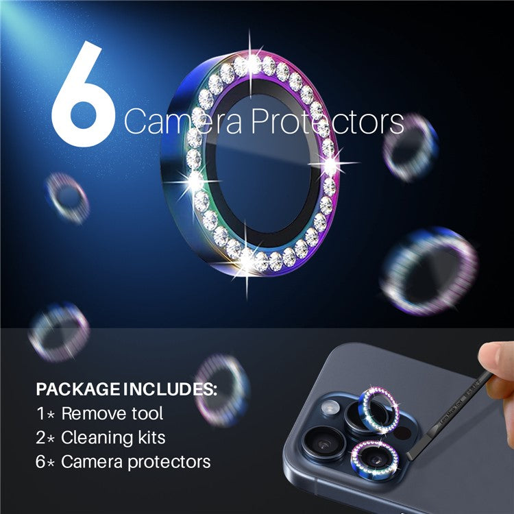 NORTHJO 2 Sets for iPhone 15 Pro / 15 Pro Max / 14 Pro / 14 Pro Max Lens Protector Rhinestone Ring Tempered Glass Lens Film - Colorful