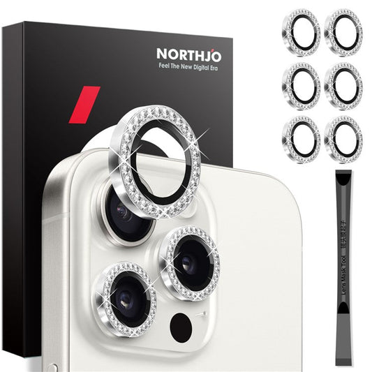 NORTHJO 2 Sets for iPhone 15 Pro / 15 Pro Max / 14 Pro / 14 Pro Max Lens Protector Rhinestone Ring Tempered Glass Lens Film - Silver