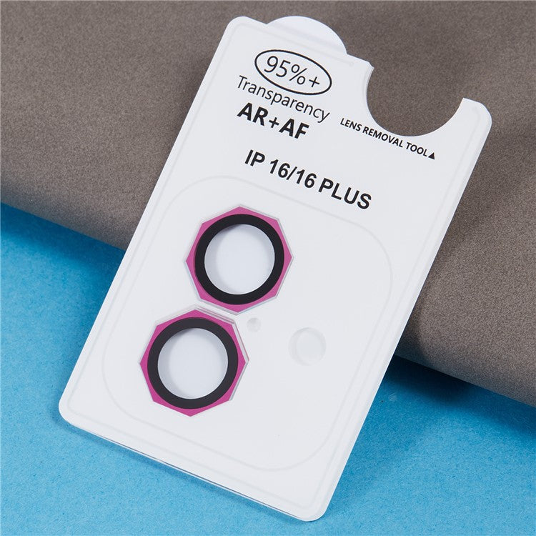 For iPhone 16 / 16 Plus Octagonal Camera Lens Film AF+AR Tempered Glass Lens Protector - Rose