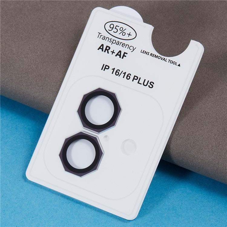For iPhone 16 / 16 Plus Octagonal Camera Lens Film AF+AR Tempered Glass Lens Protector - Purple