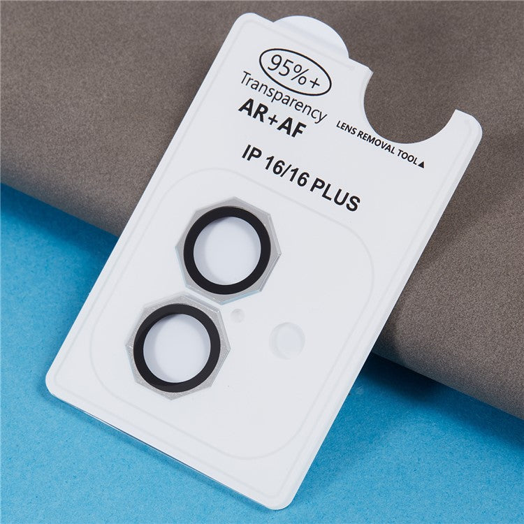 For iPhone 16 / 16 Plus Octagonal Camera Lens Film AF+AR Tempered Glass Lens Protector - Silver