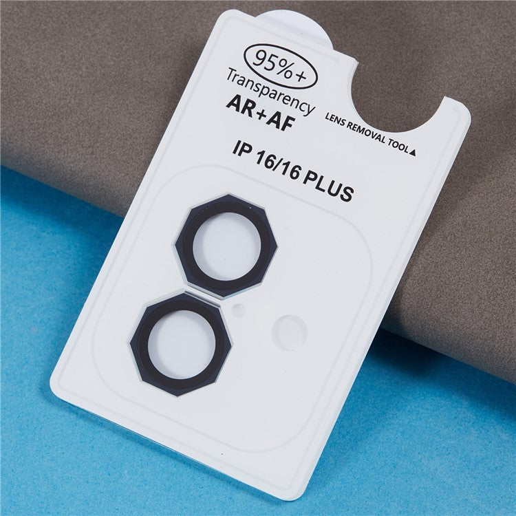 For iPhone 16 / 16 Plus Octagonal Camera Lens Film AF+AR Tempered Glass Lens Protector - Blue