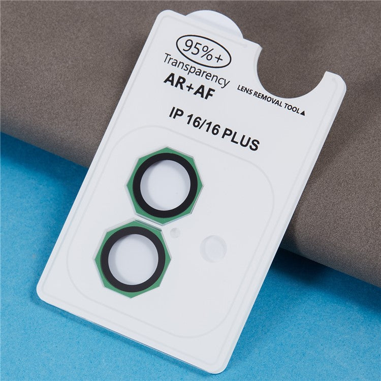 For iPhone 16 / 16 Plus Octagonal Camera Lens Film AF+AR Tempered Glass Lens Protector - Green