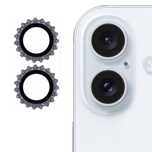 2Pcs / Set For iPhone 16 / 16 Plus Camera Lens Protector Gear Shape Rhinestone Decor Corning Gorilla Glass Lens Film - Blue