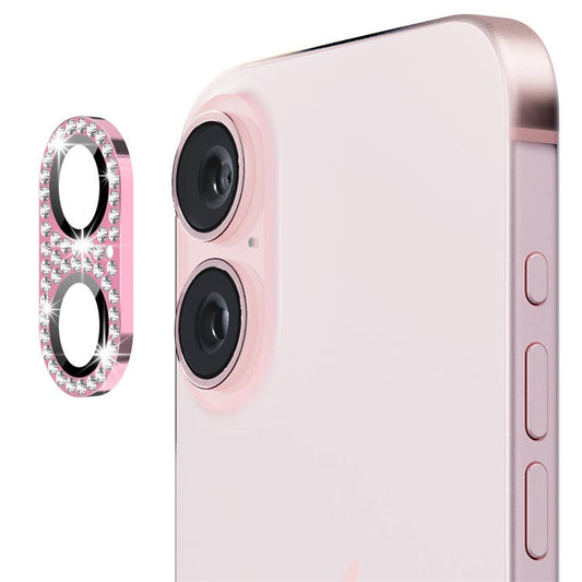 ENKAY HAT PRINCE For iPhone 16 /  16 Plus Camera Lens Protector Rhinestone Decor Metal+Tempered Glass Lens Film - Pink